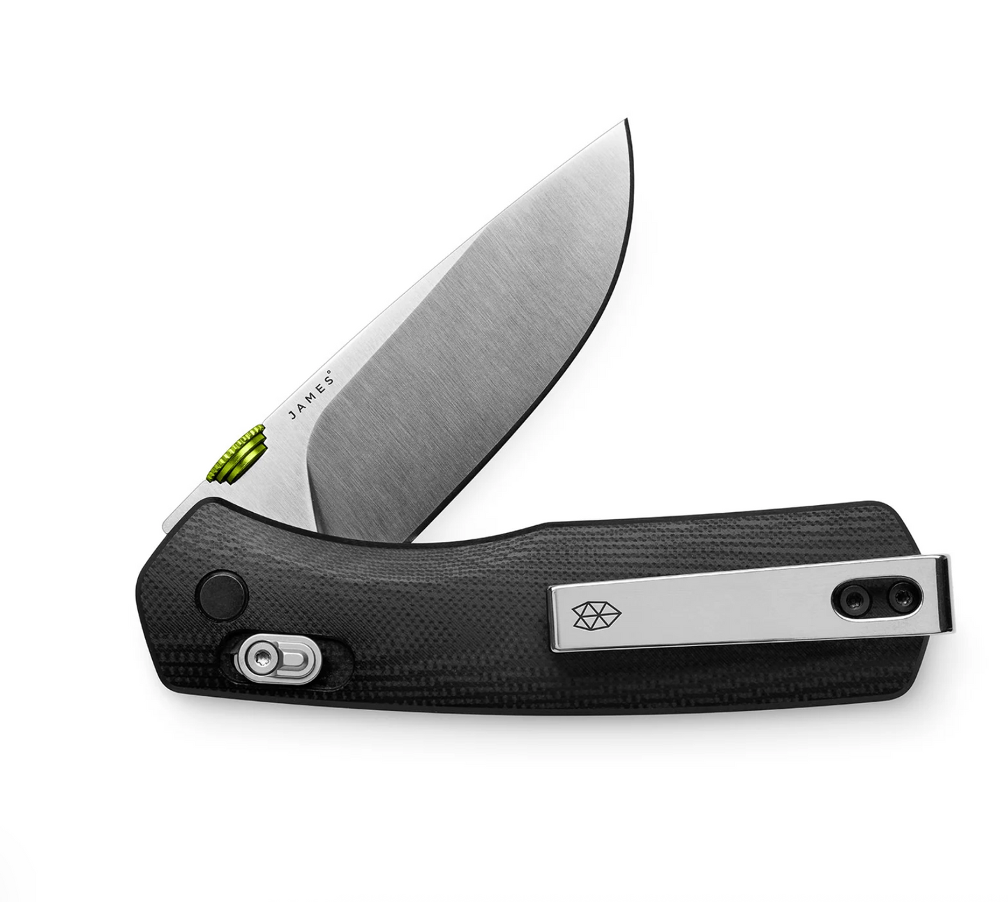 James Carter XL folding pocket knife, partially open, features a satin-finished blade, black composite handle, green thumb stud, and stainless pocket clip, showcasing a minimalist design.