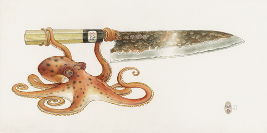 Paul Morstad Watercolour Print featuring an octopus intricately entwined around a Japanese chef’s knife, showcasing his artistic flair on archival art paper.