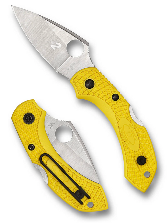 Spyderco Dragonfly 2 SALT pocket knife, shown open and closed, features a yellow textured handle, black clip, and satin-finished blade with round thumb-hole for easy opening.