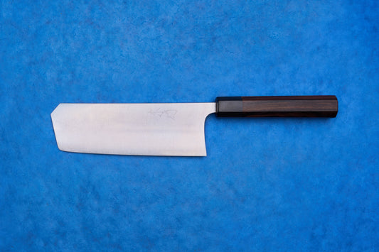 Shibata Koutetsu Chromax Migaki Boss Nakiri 170mm, featuring a polished steel rectangular blade and dark octagonal wooden handle, ideal for versatile vegetable preparation.