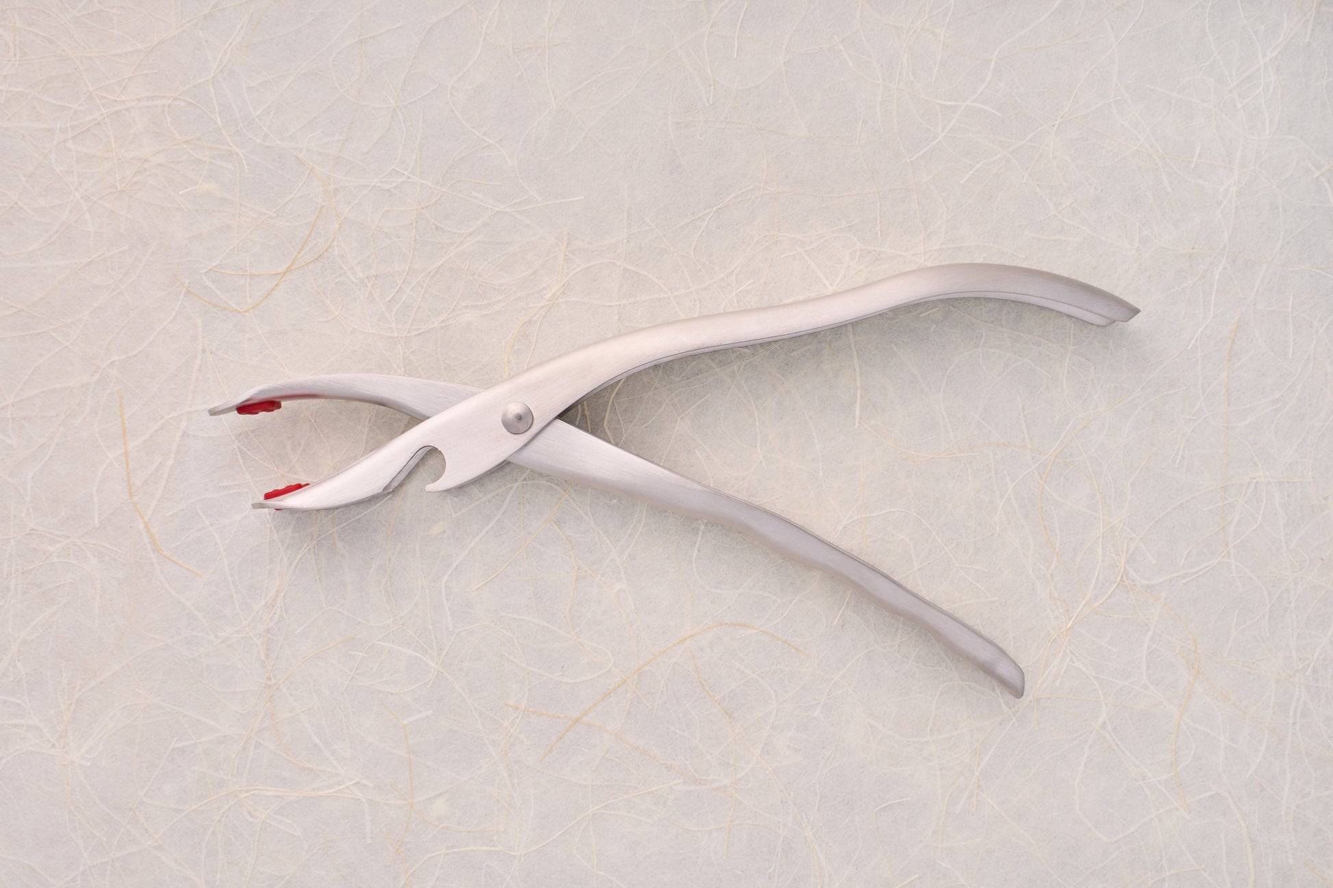 Shimoyama Stainless Steel Bowl Clip with red silicone pads on tips, ideal for precise gripping, displayed on a light-textured surface, reflecting Knifewear's dedication to quality kitchen tools.