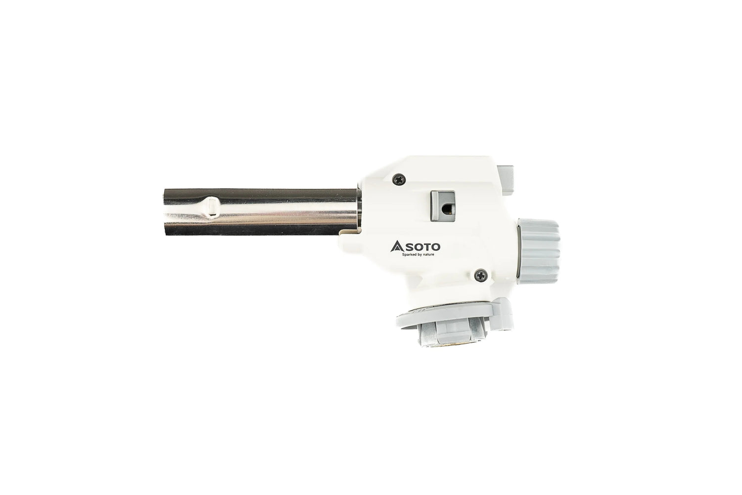 Soto Aburi Master Butane Blow Torch KC-701, a compact torch head attachment for culinary use, fits standard butane cans and features a smooth dial for precise heat control, ideal for chefs and food enthusiasts.