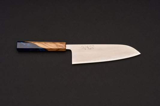 Custom Handle Toshihiro Wakui Shirogami Stainless Migaki Santoku 180mm