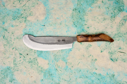 Tottori Otsuka Hamono Aoichi Table Knife 155mm features a broad blade with Japanese maker’s marks and a polished cherrywood handle, showcasing exceptional craftsmanship from Tottori's master blacksmith Otsuka-san.