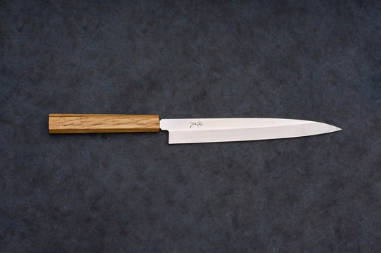 Tsunehisa AUS8 Sanjukyu 参拾玖 Migaki Yanagiba 240mm T-03918, a sleek Japanese sashimi knife with a polished steel blade and wooden handle, laid horizontally.