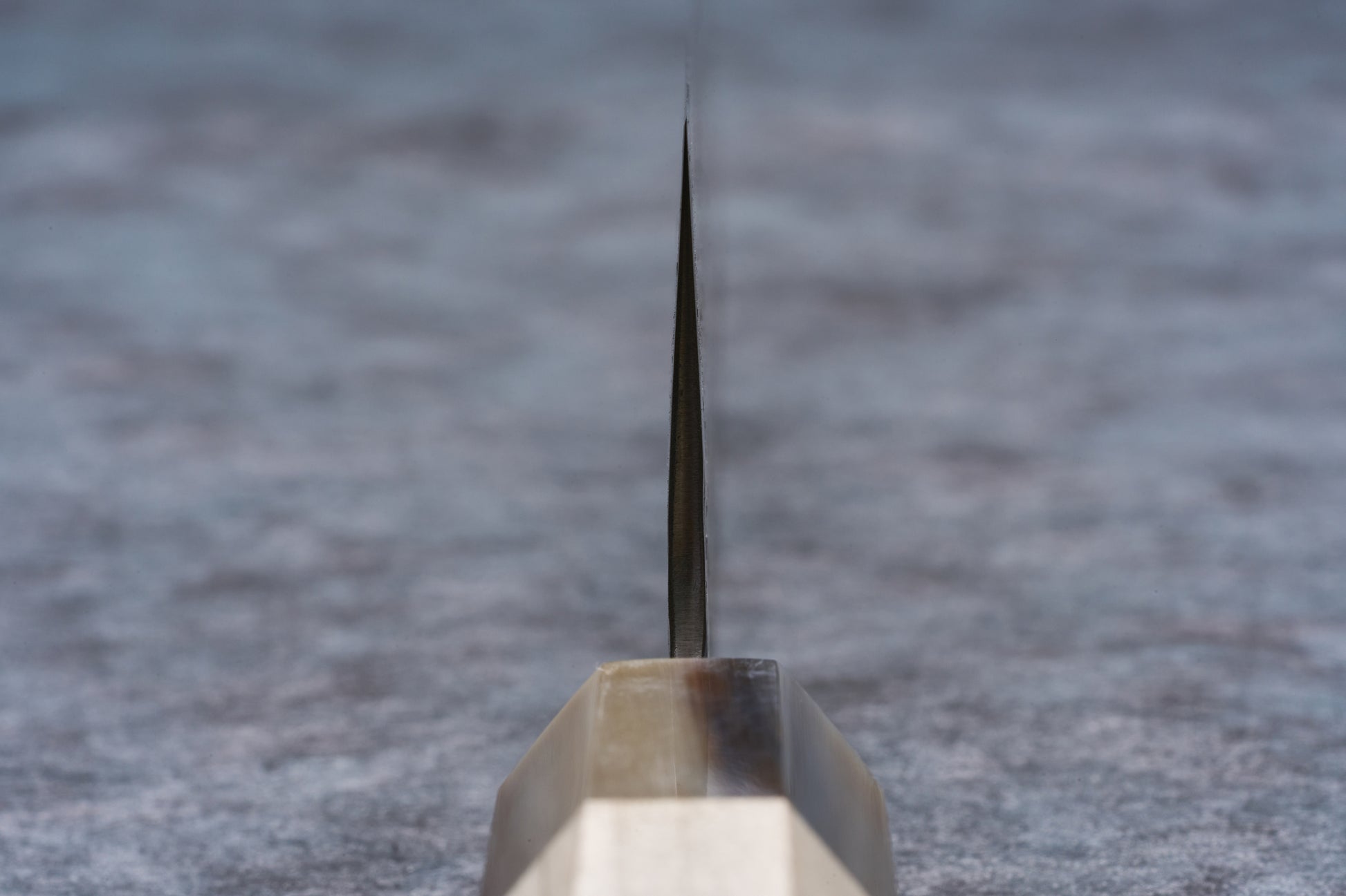 Tsunehisa Shiroichi Stainless Nijuhachi Bunka 165mm blade edge-on in sharpening jig, showcasing its precision-crafted bevel and expert craftsmanship.