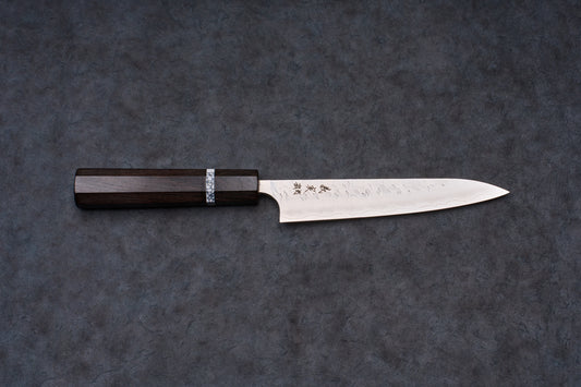 Yoshimi Kato SG2 Hyo Petty 150mm knife, featuring a slender steel blade with a hammered texture, etched Japanese characters, and an octagonal dark wood handle.