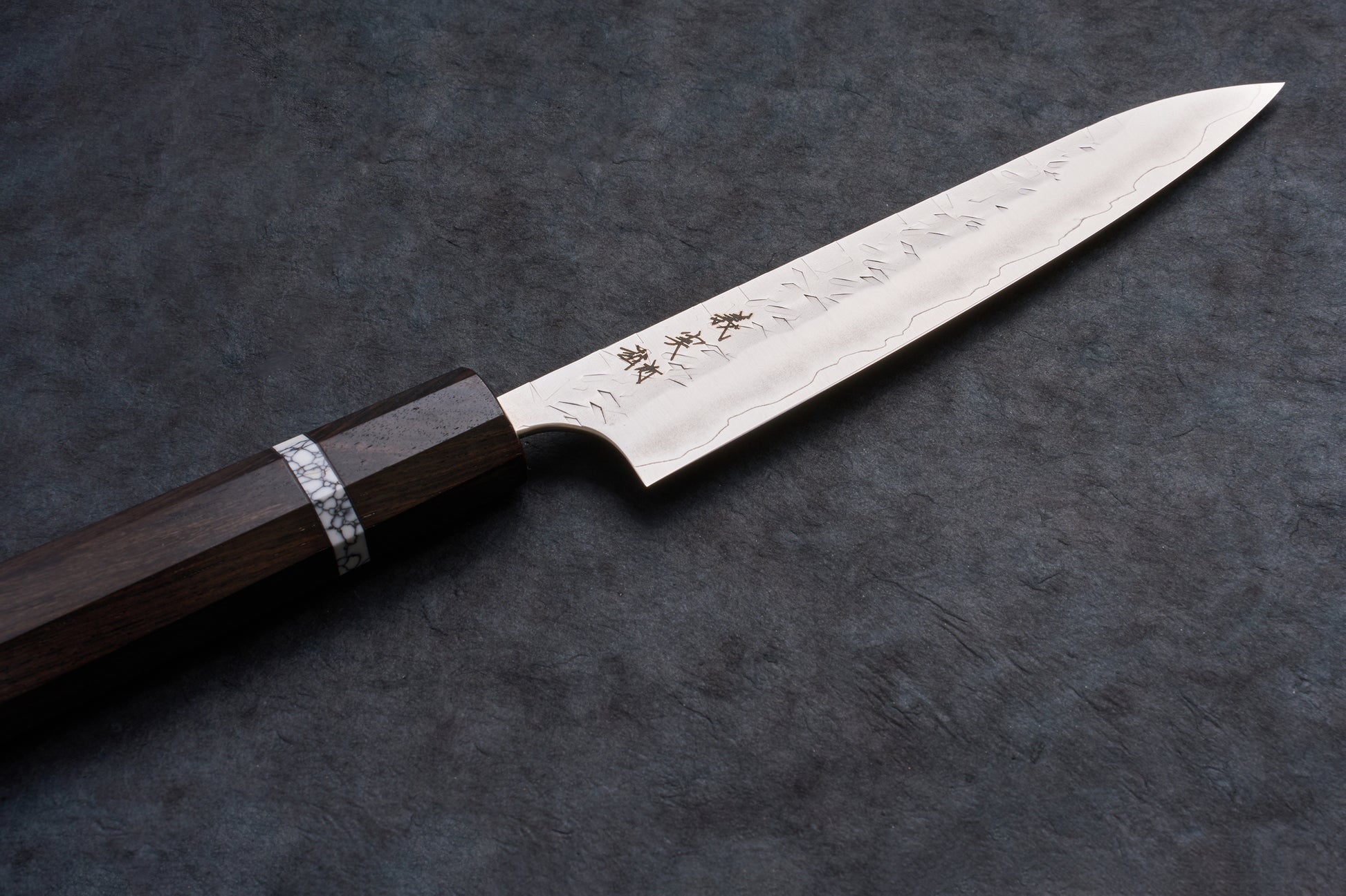 Yoshimi Kato SG2 Hyo Petty 150mm knife with a polished steel blade, engraved characters, and an octagonal wooden handle with a decorative spacer ring.