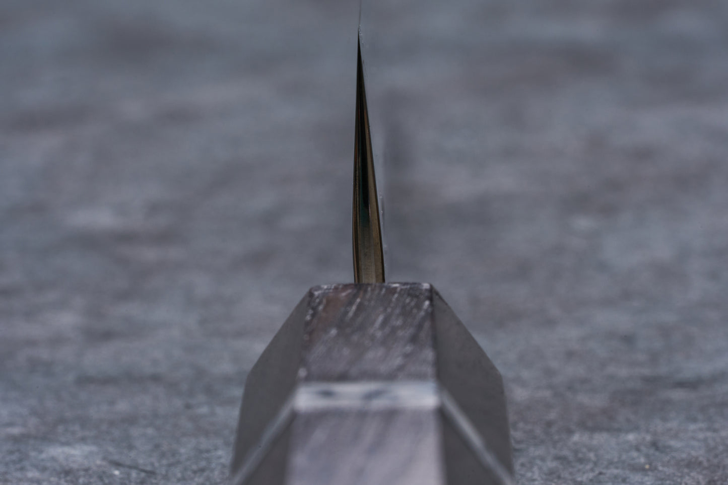 Yoshimi Kato SG2 Hyo Petty 150mm knife, sharp blade standing vertically in a holder, ideal for precise cutting on a board.