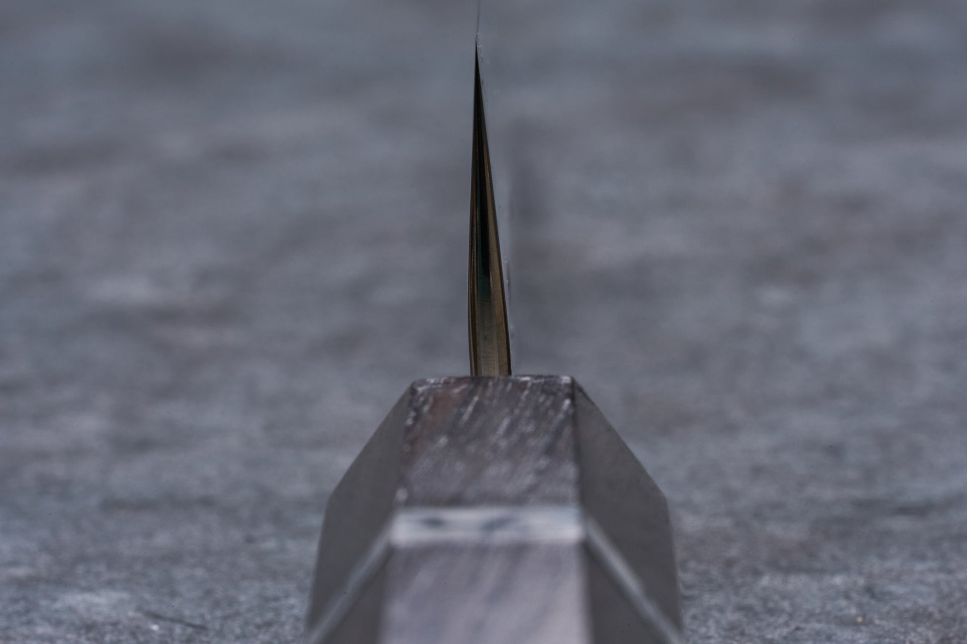 Yoshimi Kato SG2 Hyo Petty 150mm knife, sharp blade standing vertically in a holder, ideal for precise cutting on a board.