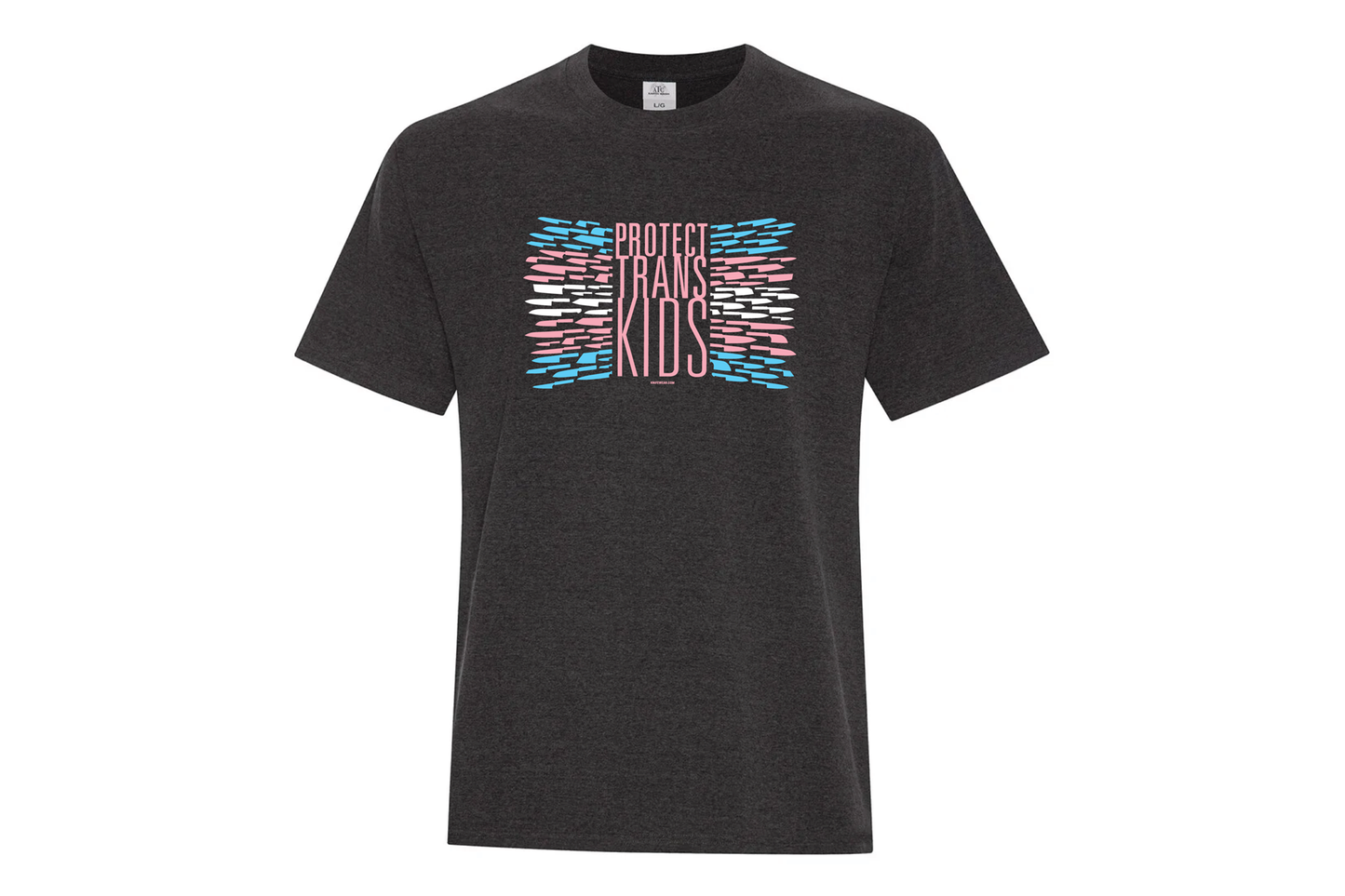 Knifewear Protect Trans Kids T-Shirt in charcoal-gray features a bold graphic with PROTECT TRANS KIDS and transgender pride flag colors, offering comfort and inclusivity.
