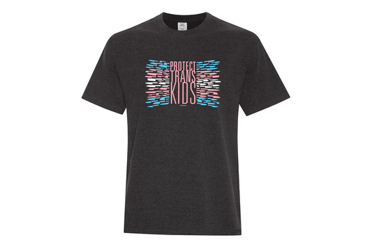 Knifewear Protect Trans Kids T-Shirt in charcoal-gray features a bold graphic with PROTECT TRANS KIDS and transgender pride flag colors, offering comfort and inclusivity.