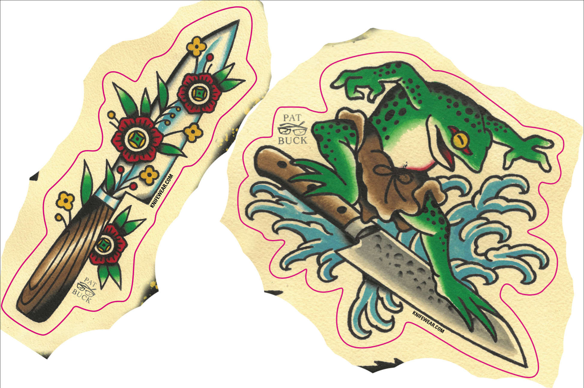 Sticker Sunday November 2025 features two Pat Buck illustrations: a dagger entwined with flowers and a frog surfing on a kitchen knife, capturing Knifewear's unique blend of artistry and knife craftsmanship.